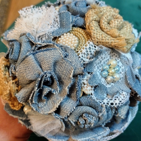 Denim Burlap Lace Bridal Alternative Wedding Bouquet +Matching Brooches - Picture 2 of 9